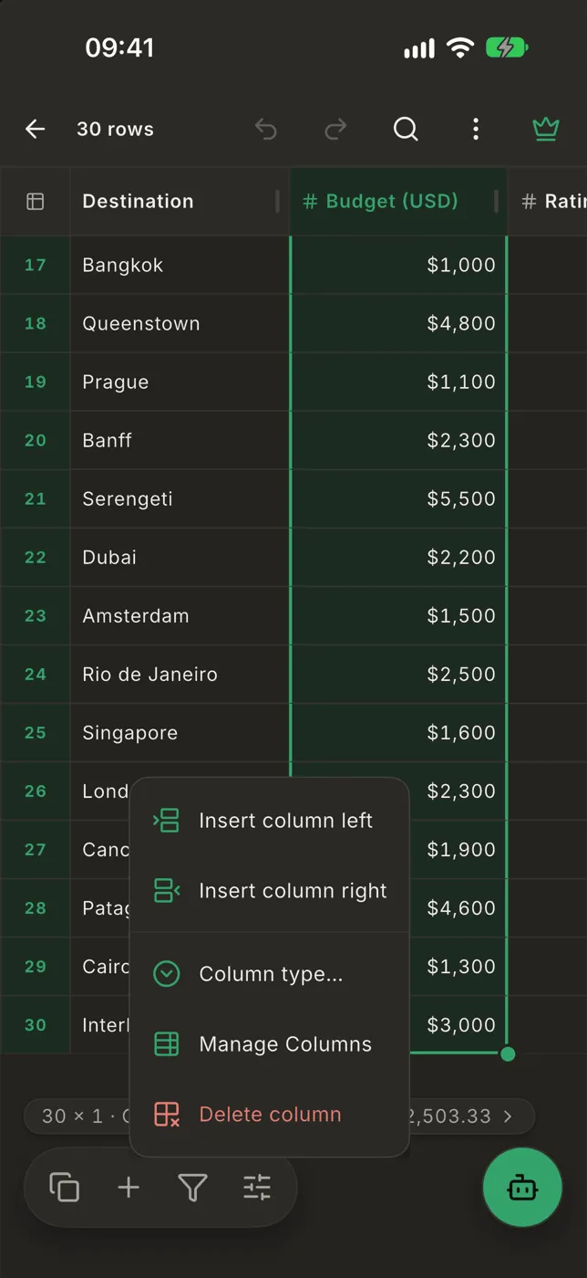 The Edit menu for a selected column: insert left or right, column type, manage columns, delete