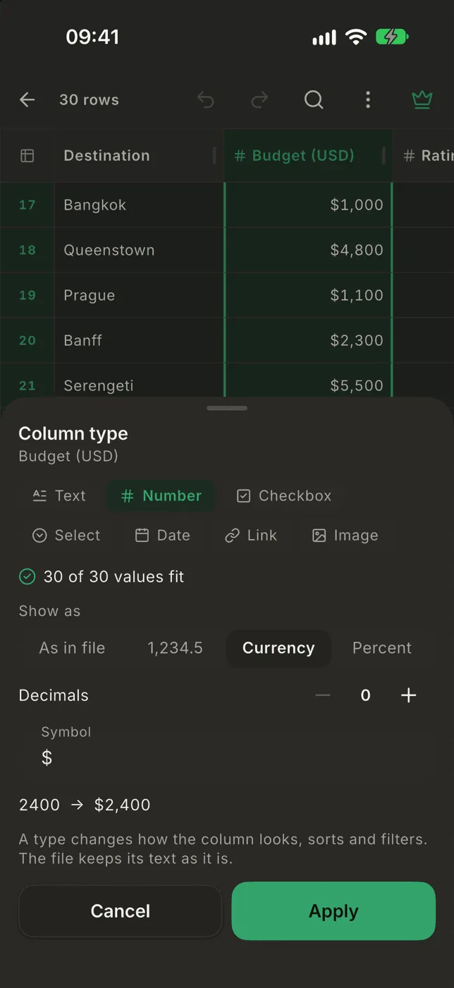 The Column type sheet for a number column shown as currency, with 30 of 30 values fit