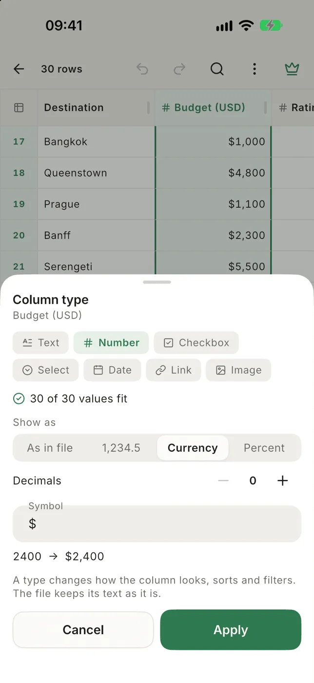 The Column type sheet for a number column shown as currency, with 30 of 30 values fit