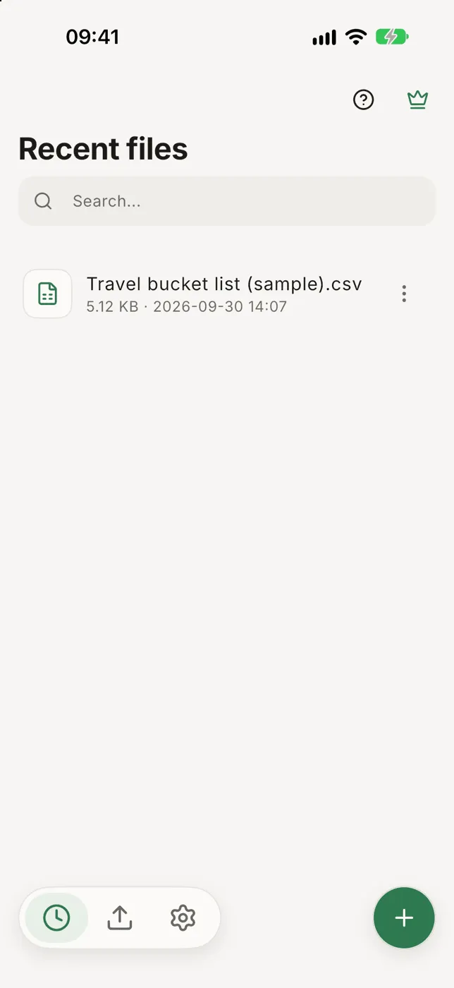 The home screen listing recent files