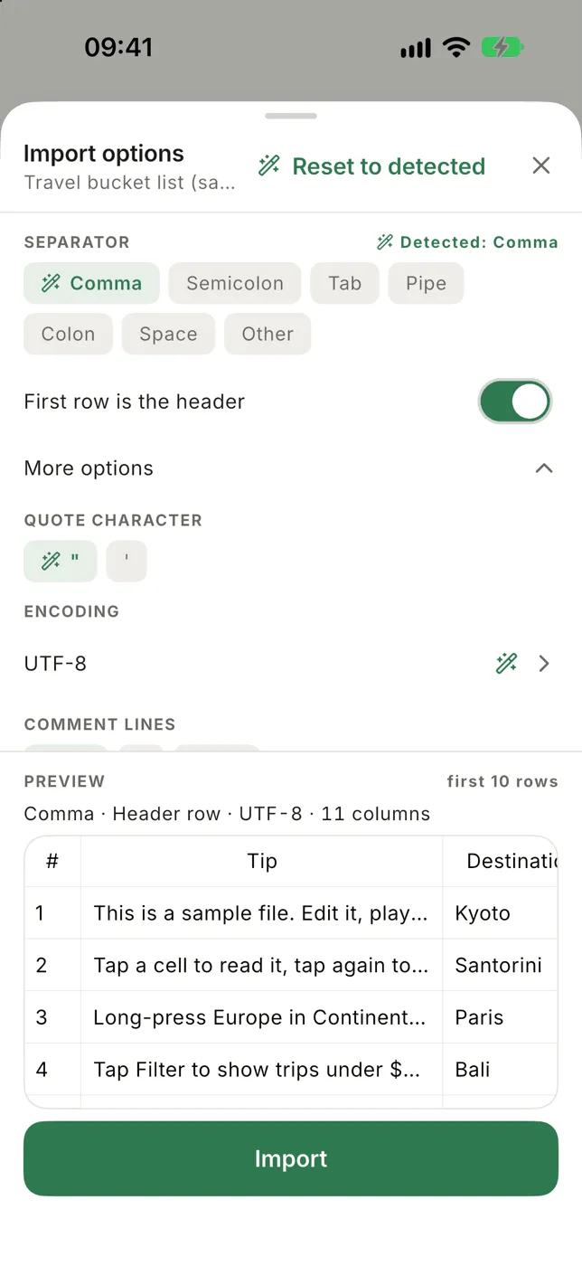 The import options sheet with separator, header and encoding settings above a live preview