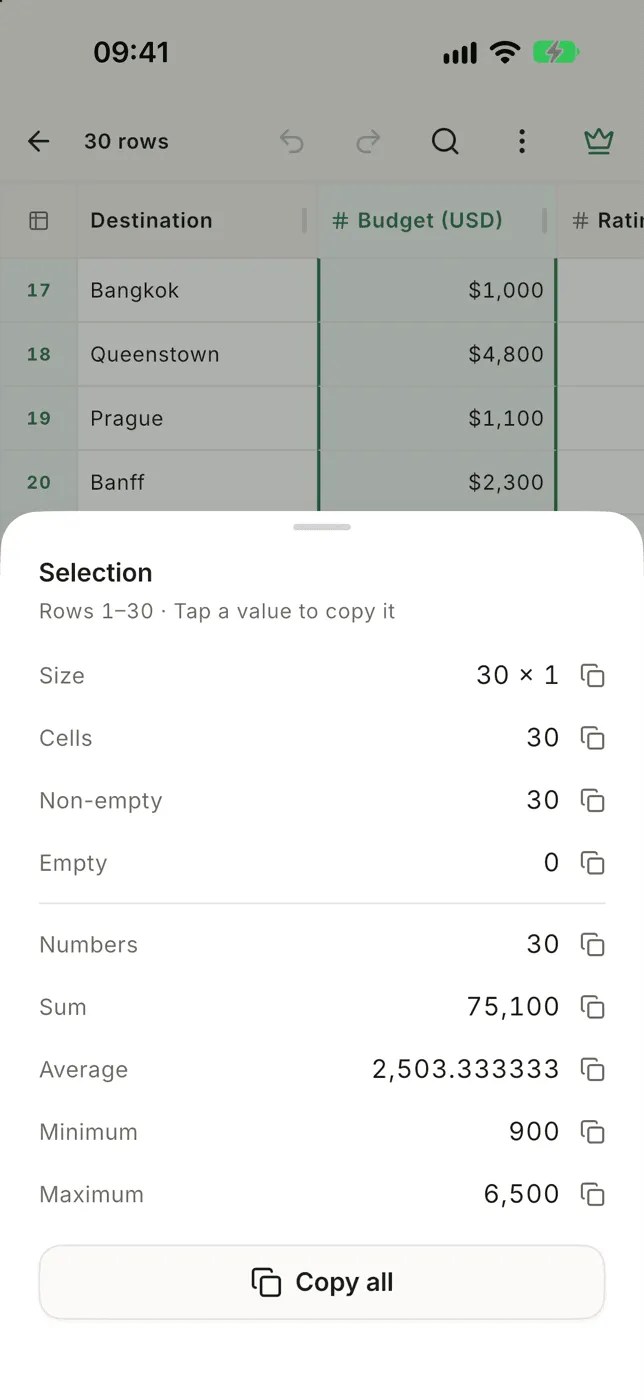 The Selection stats sheet with size, counts, sum, average, minimum and maximum